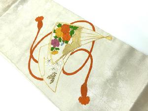 リサイクル　金駒刺繍扇面に花模様名古屋帯